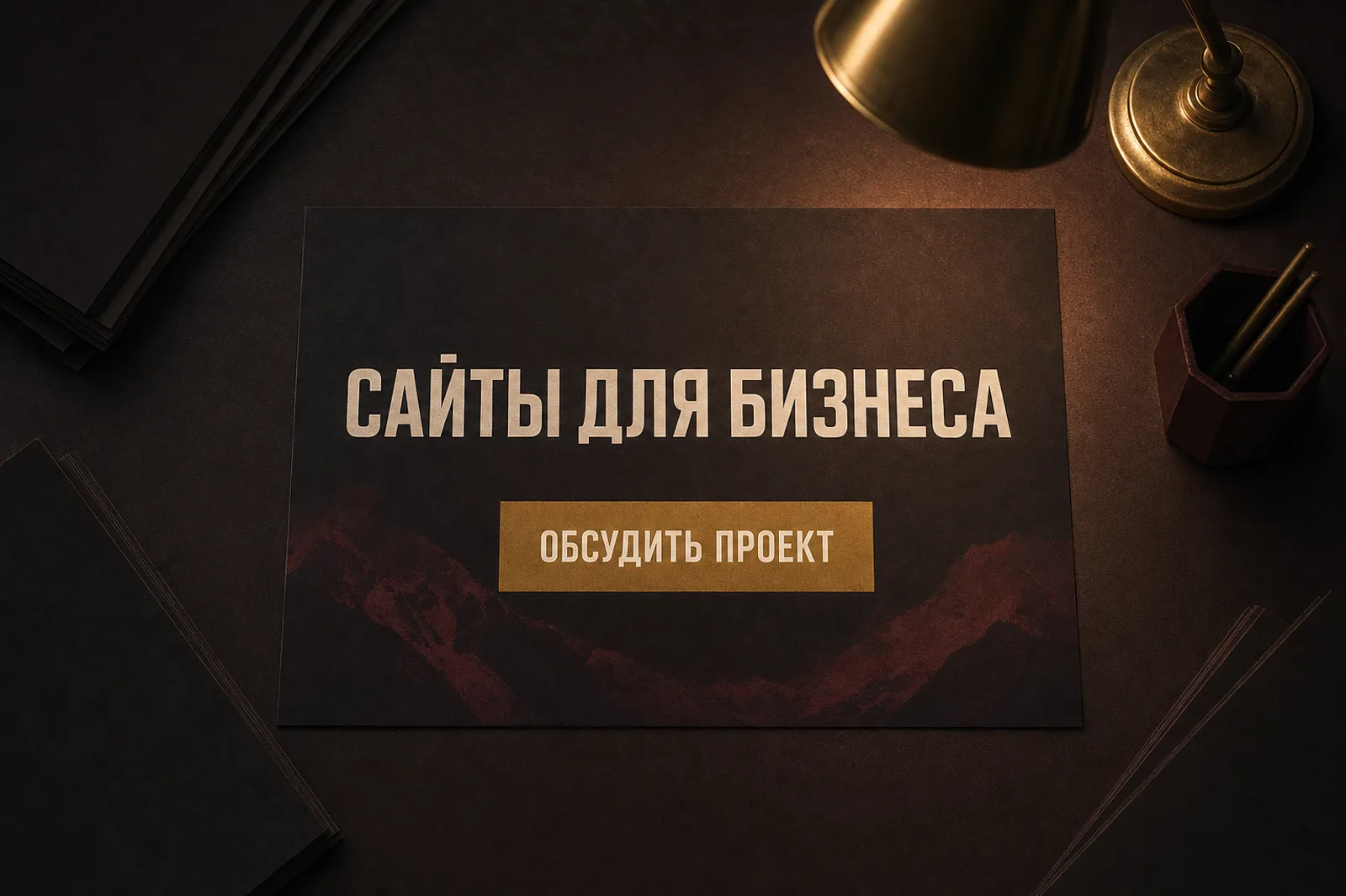 Дизайн сайта: разложенные на тёмном столе макеты главной страницы, освещён только один, с крупным заголовком и одной кнопкой