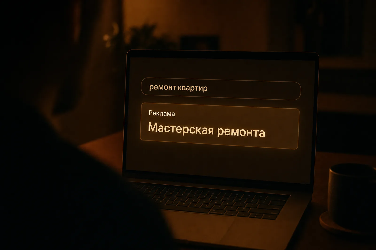 Контекстная реклама в Яндекс.Директ: человек за ноутбуком в тёмной комнате смотрит на поисковую выдачу, где подсвечен первый рекламный блок