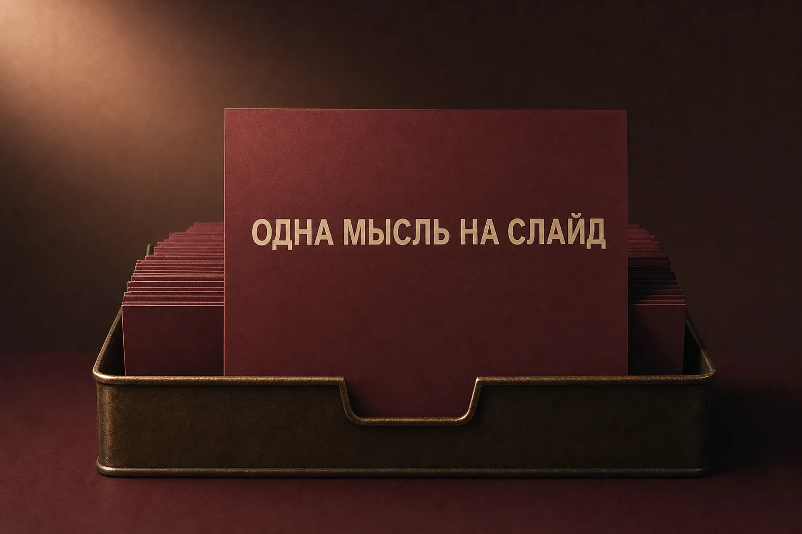 Красивая презентация: лоток, плотно набитый одинаковыми печатными слайдами, и один слайд вынут вперёд под свет, на нём одна крупная строка