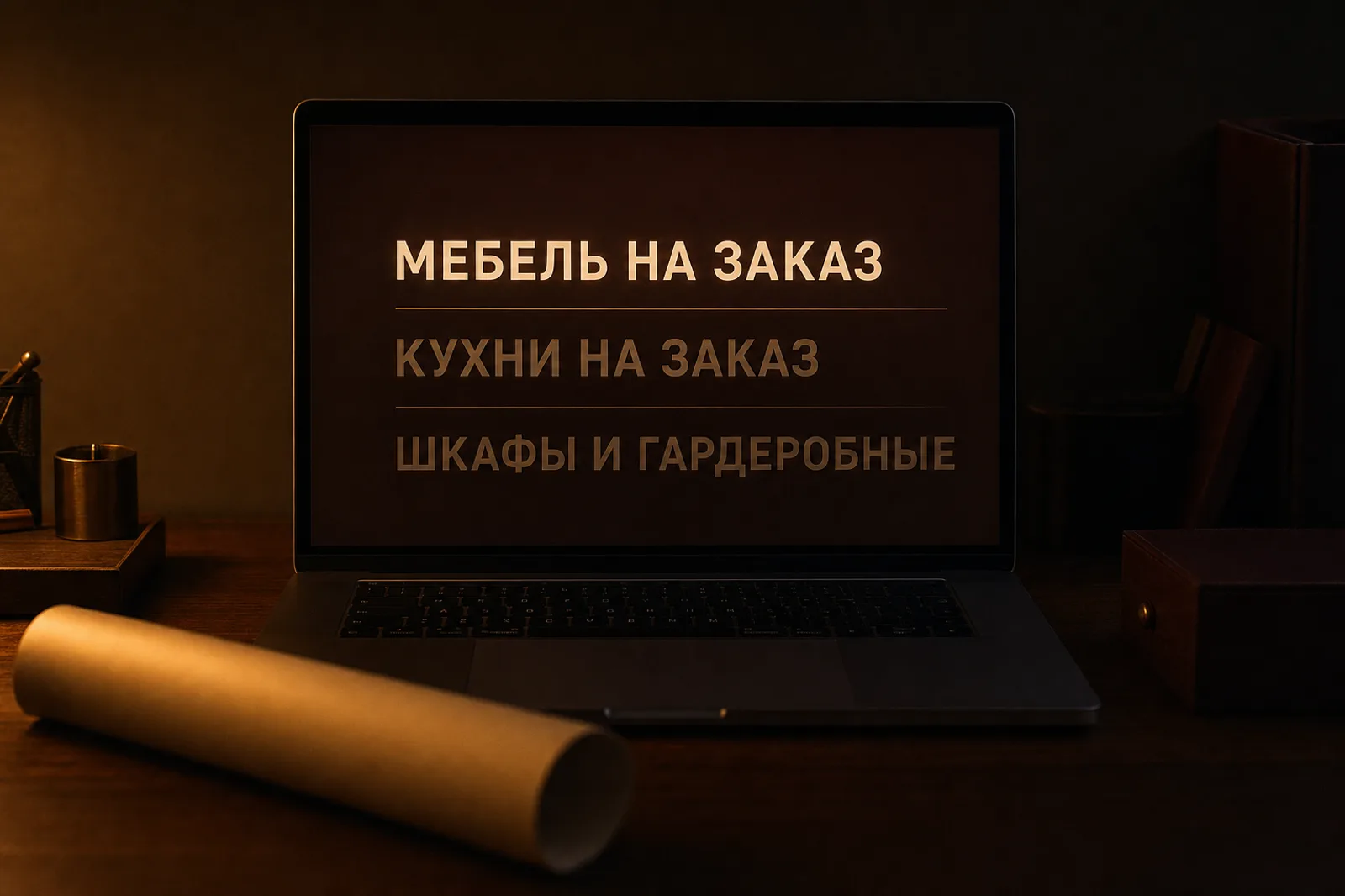 Создание и продвижение сайта: на тёмном столе открытый ноутбук со списком результатов поиска, верхняя строка подсвечена, рядом лежит свёрнутый макет