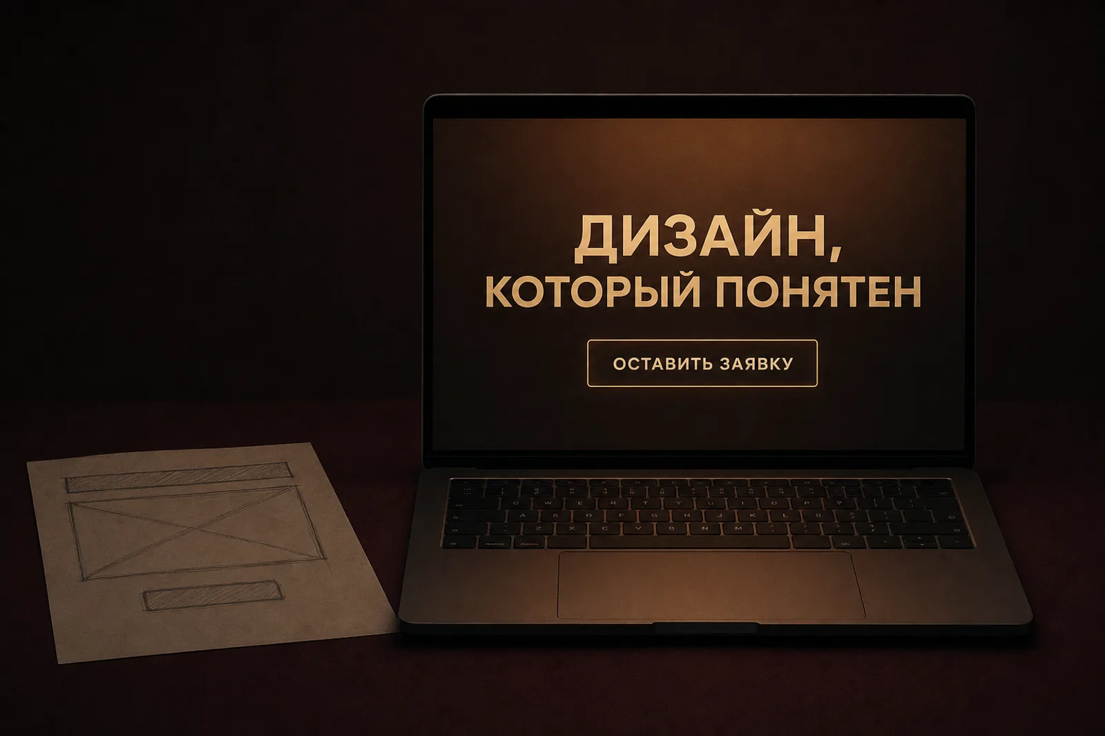 Веб-дизайн: карандашный вайрфрейм на бумаге в тени и рядом освещённый экран ноутбука с готовой страницей — одним заголовком и одной кнопкой